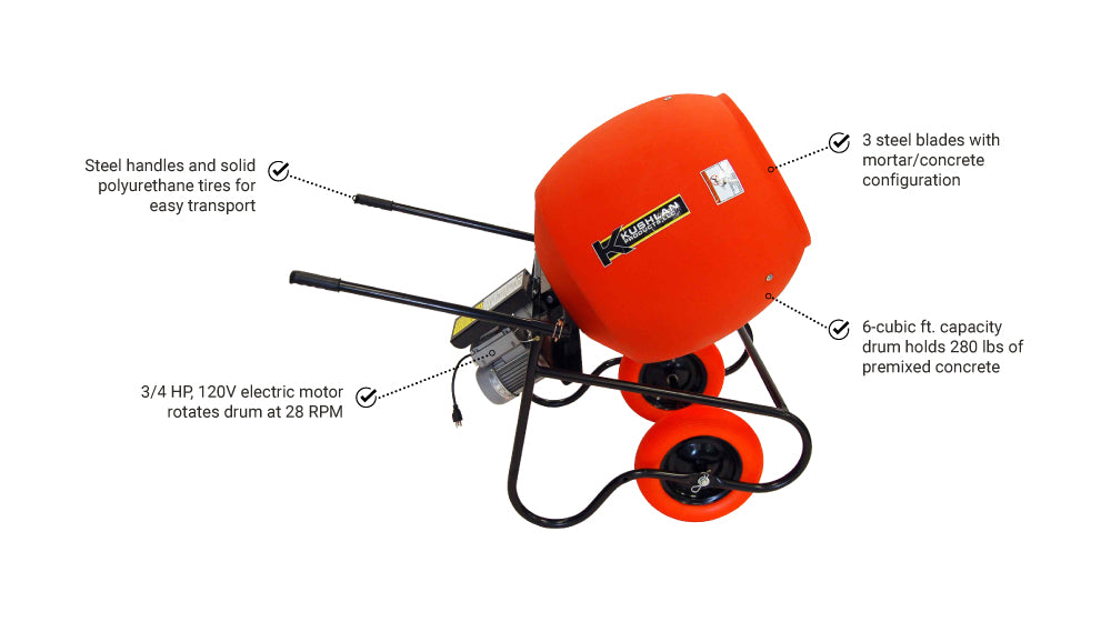 Kushlan 600DD | 6 Cu Ft Cement Mixer | Electric Direct Drive | 3/4 HP