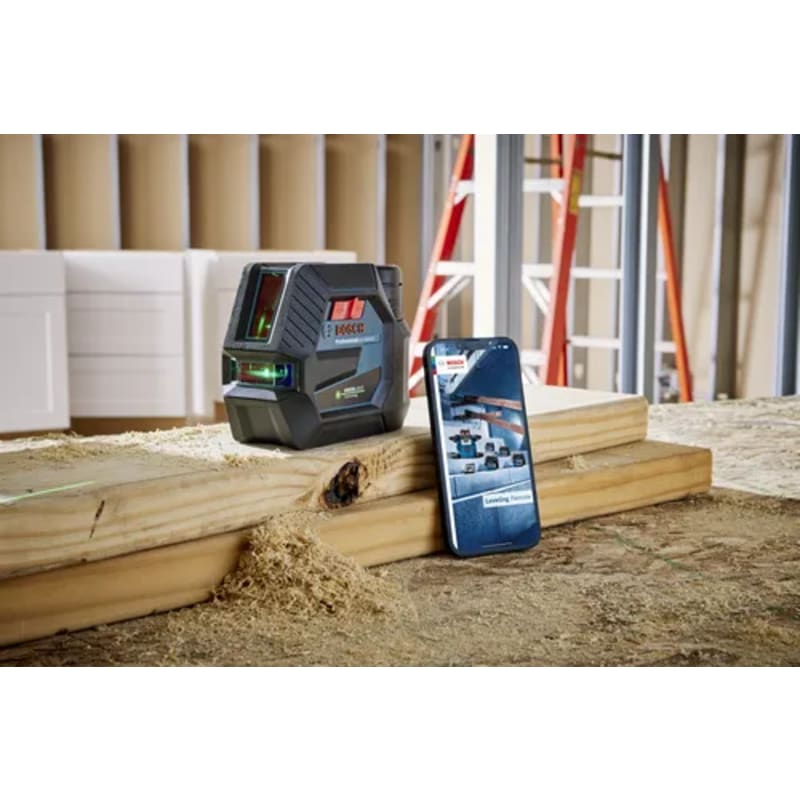 12V Max Connected Green-Beam Cross-Line Laser with Plumb Points and 12V Battery