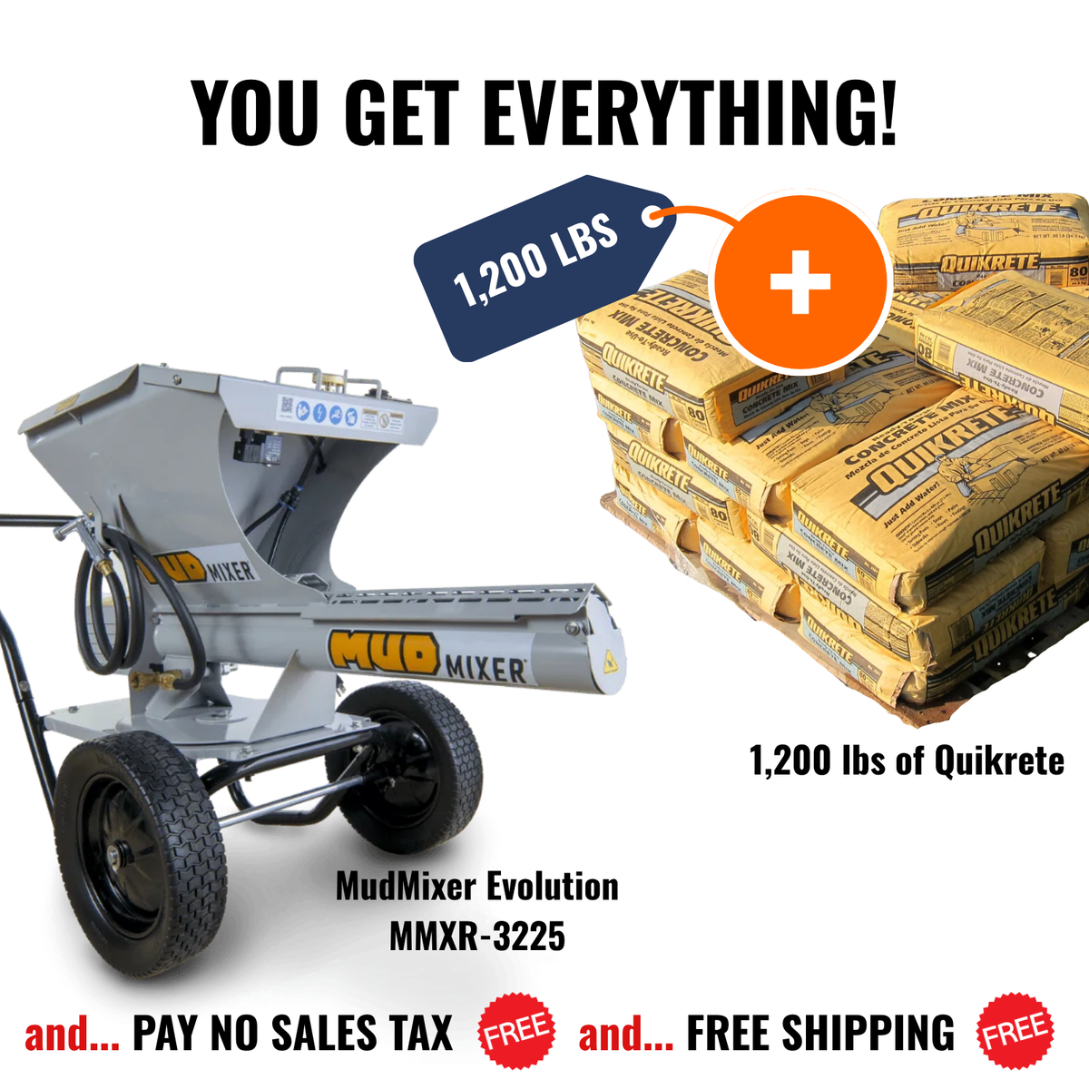MudMixer Evolution 3225 + 1,200 lbs Free Quikrete! - Continuous Concrete Mixer