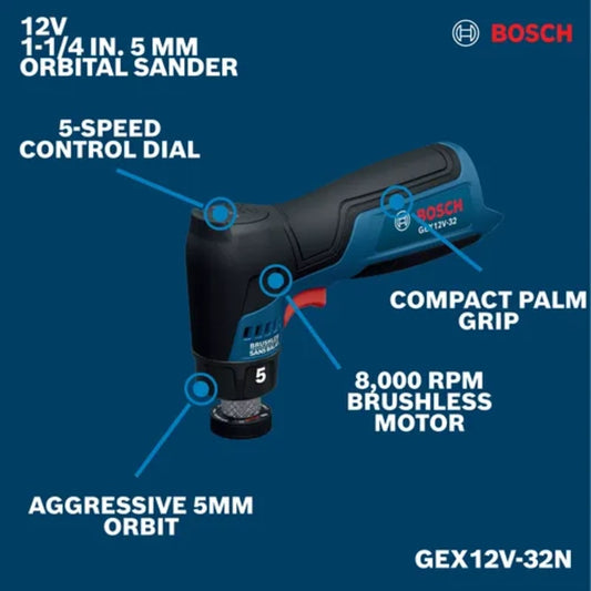 12V Compact Cordless Brushless 1-1/4 In. Random Orbital Sander (Bare Tool)