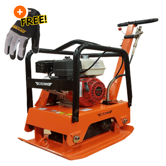 Crown Reversible Plate Compactor - Honda GX160 - 5.5 HP - 5,620 lbs/ft² W/ Free Vibration Impact Ironclad Gloves