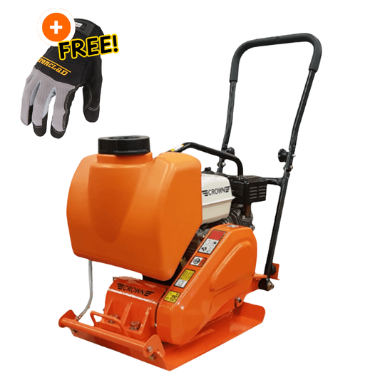Crown Plate Compactor for Sale - Honda GX160 - 5.5 HP - 2,360 lbs/ft² W/ Free Vibration Impact Ironclad Gloves