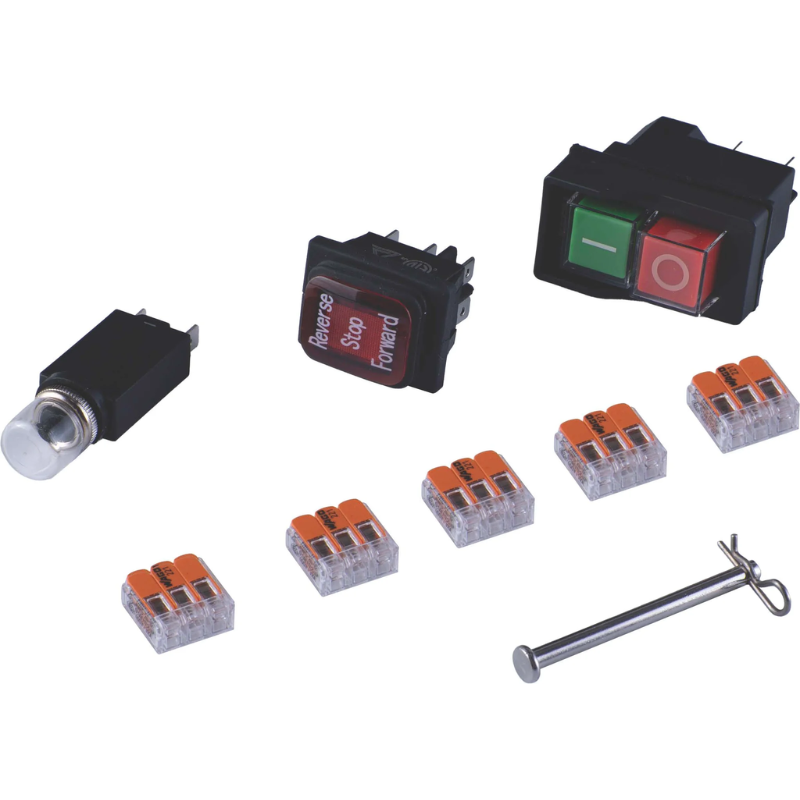 Close-up of MudMixer Evolution electrical parts: power switch, GFCI cord, WAGO connectors, and circuit breaker