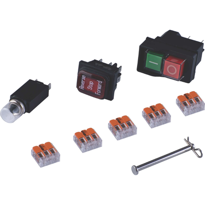 Close-up of MudMixer Evolution electrical parts: power switch, GFCI cord, WAGO connectors, and circuit breaker