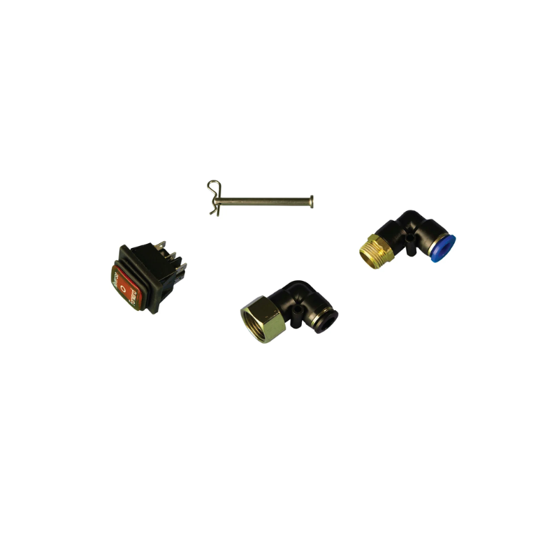Close-up of MudMixer Spare Parts Components: 90-Degree Elbows, Auger Switch, GFCI Cord, and Auger Pins