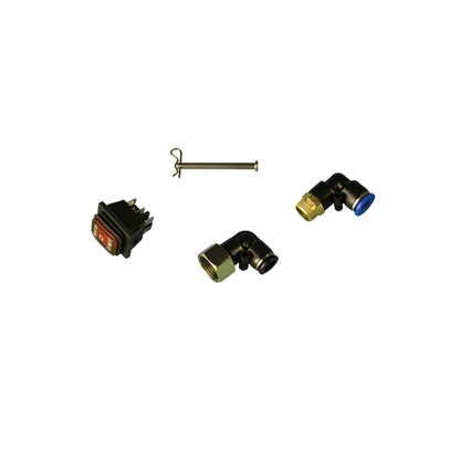 Close-up of MudMixer Spare Parts Components: 90-Degree Elbows, Auger Switch, GFCI Cord, and Auger Pins