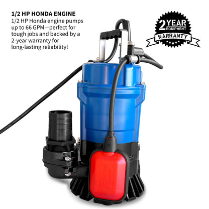 Tomahawk 1/2 HP Submersible Trash Pump, 66 GPM / 3960 GPH, 400W 2" Discharge for Dewatering Flooded Basements, Pools, Irrigation