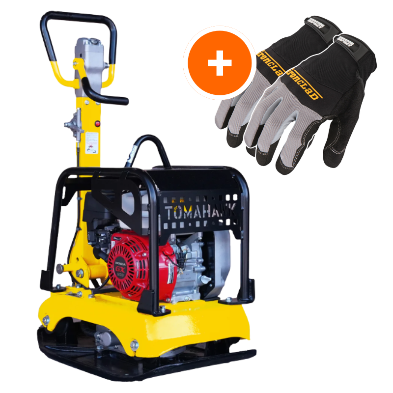 Tomahawk 6.5 HP Honda Reverse Hydraulic Plate Compactor for Soil, Aggregate, Cohesive Compaction W/ Free Vibration Impact Ironclad Gloves