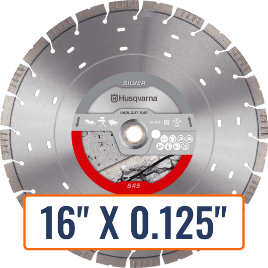 Blade for concrete, Husqvarna Vari-Cut S45, featuring two alternate segment designs for a smoother cut in wet and dry conditions.