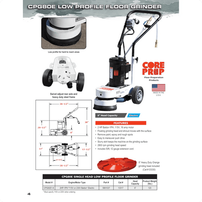 Concrete Surface Grinder - Core Prep CPG80E - Single Head - 8"