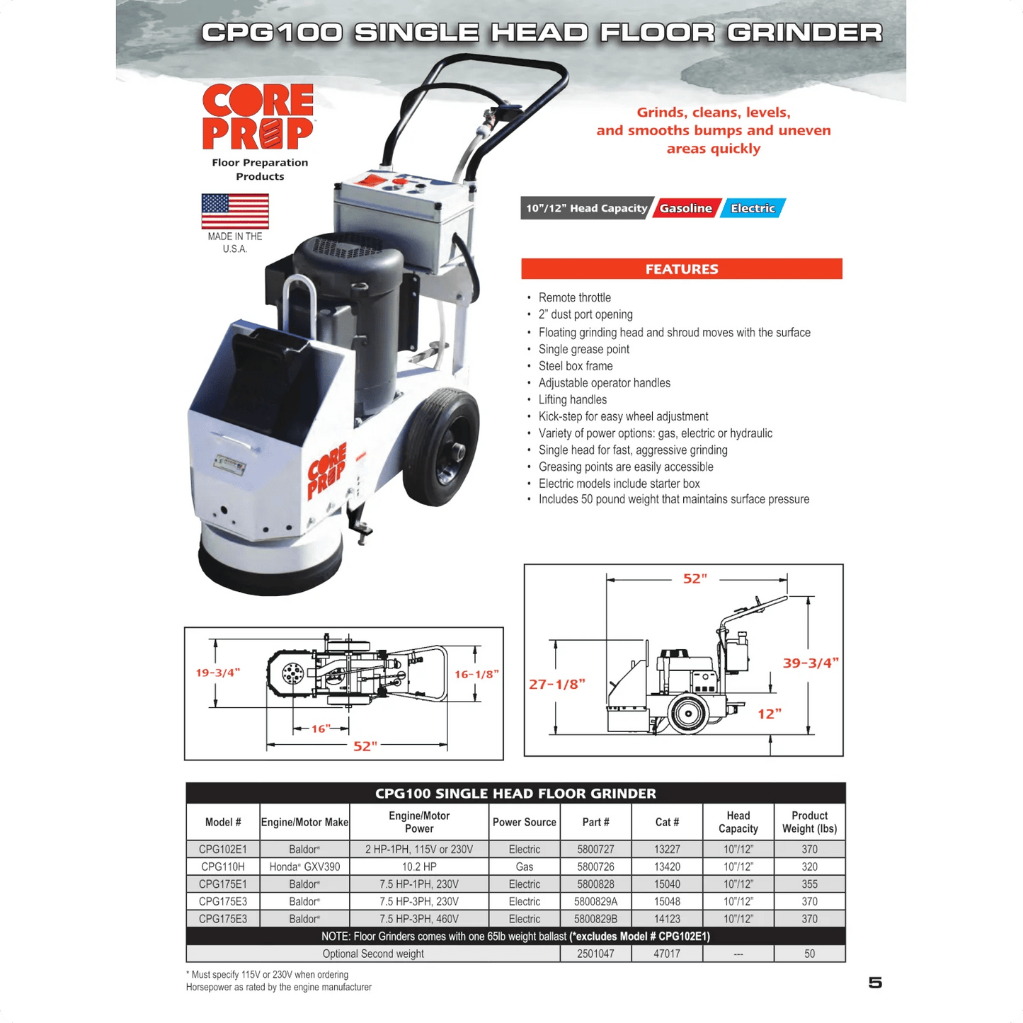 Concrete Surface Grinder - Core Prep CPG175 - Single Head - 10"/12" - 7.5HP