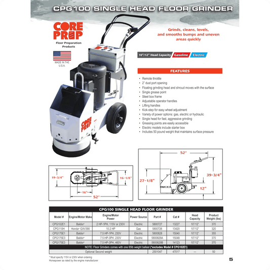 Concrete Surface Grinder - Core Prep CPG175 - Single Head - 10"/12" - 7.5HP