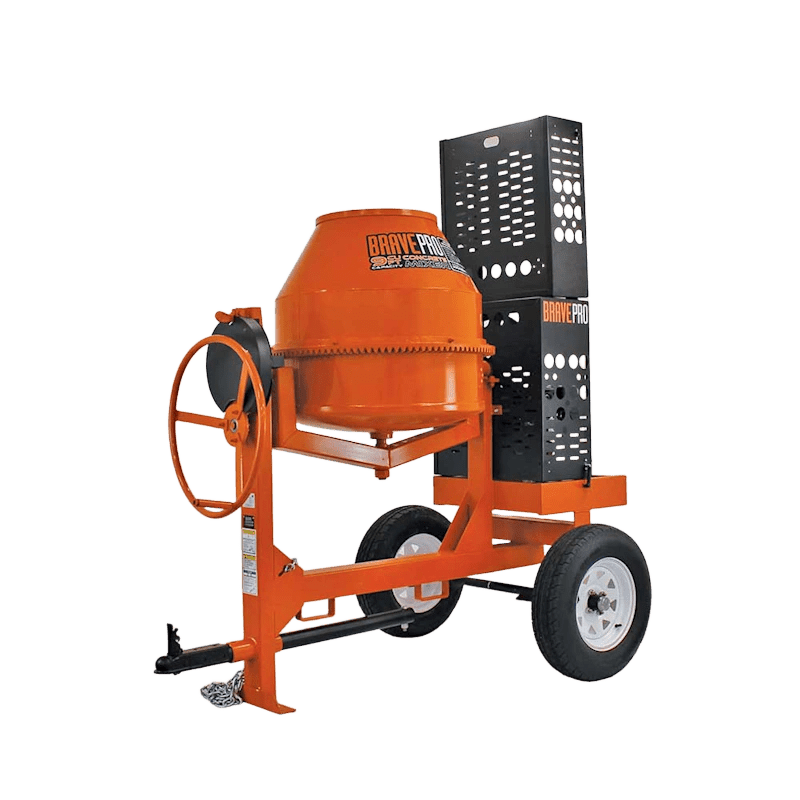 Brave cement mixer with Honda GX270 engine, durable steel drum, reinforced frame, and safety features.