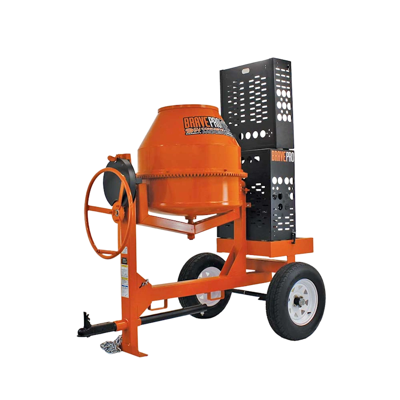 Brave cement mixer with Honda GX270 engine, durable steel drum, reinforced frame, and safety features.
