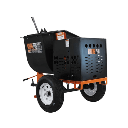Brave Mortar Mixer with 8 cubic foot poly drum, Honda GX240 engine, safety features, and easy-pour handle.