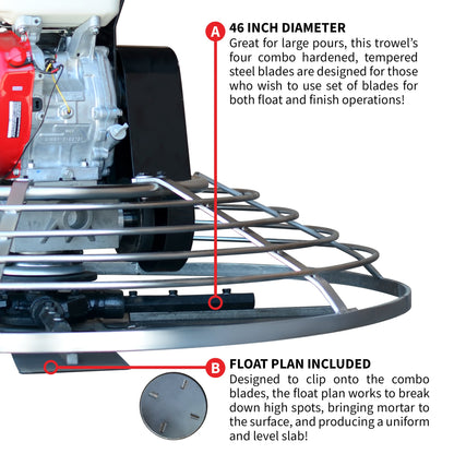46" Concrete Power Trowel 8.5HP Honda Combo Blades and Float Pan Cement Finishing Tool