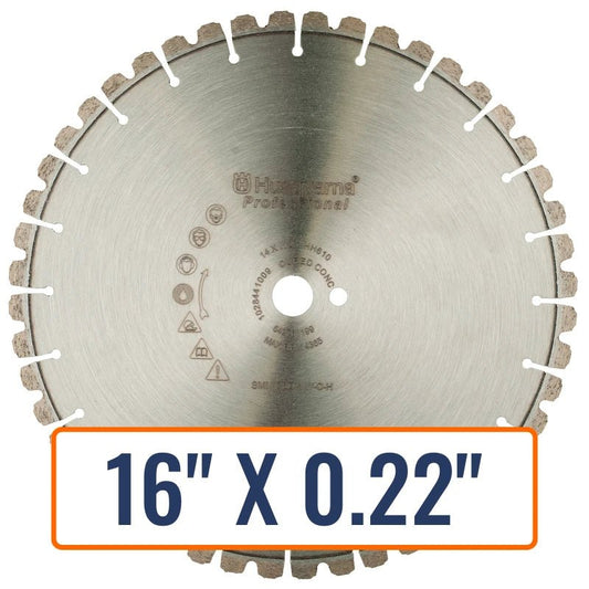 Concrete wall saws blades, showcasing Husqvarna Diamond Saw Blade with varying sizes and thickness, ideal for wet conditions.