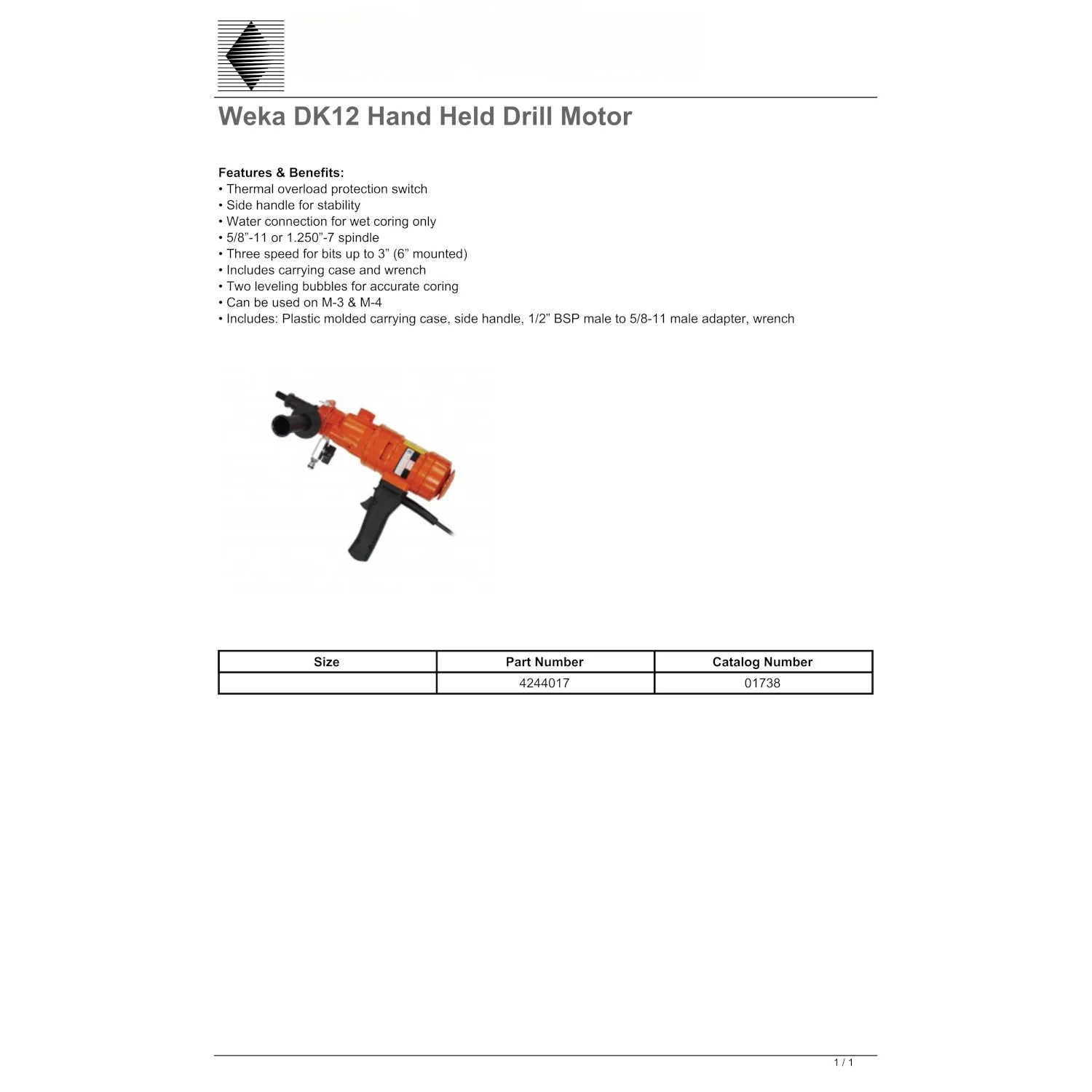 Weka DK12 Core Drill  3"-6" - 14AMP|1PH|110V - Hand-Held