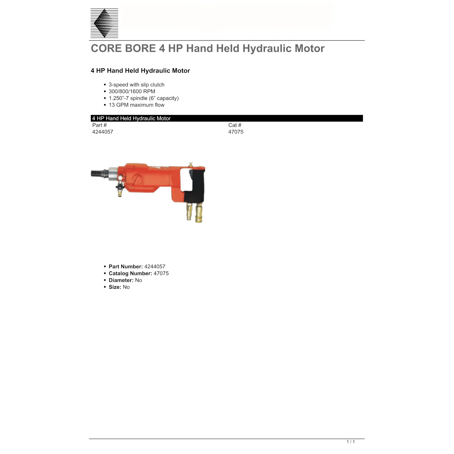 Core Bore Drill 6" - Hydraulic 13 GPM Max - Hand-Held