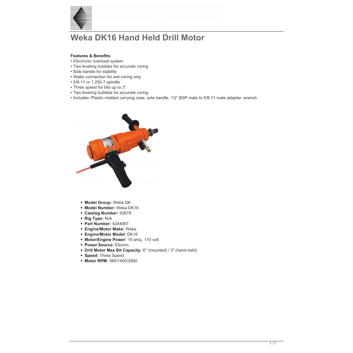 Weka DK16 Core Drill  3"-6" - 19AMP|1PH|110V - Hand-Held