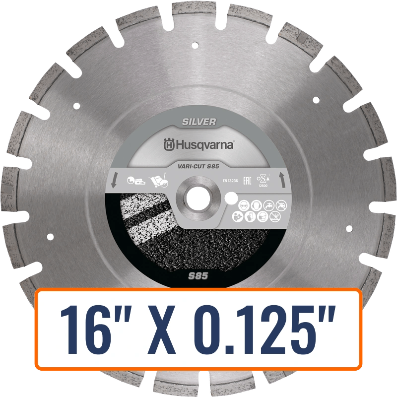 Diamond asphalt blade, Husqvarna VARI-CUT S85, engineered for cutting abrasive materials in both wet and dry conditions.