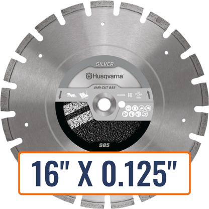 Diamond asphalt blade, Husqvarna VARI-CUT S85, engineered for cutting abrasive materials in both wet and dry conditions.