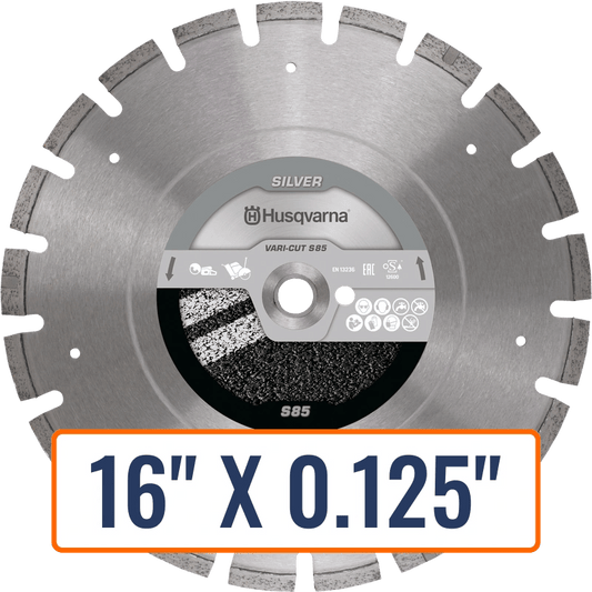 Diamond asphalt blade, Husqvarna VARI-CUT S85, engineered for cutting abrasive materials in both wet and dry conditions.