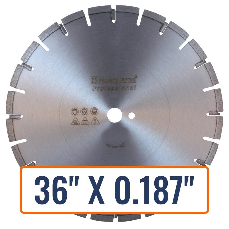 Diamond blade for cutting asphalt, showcasing its segmented design and size variety, compatible with Husqvarna machines.