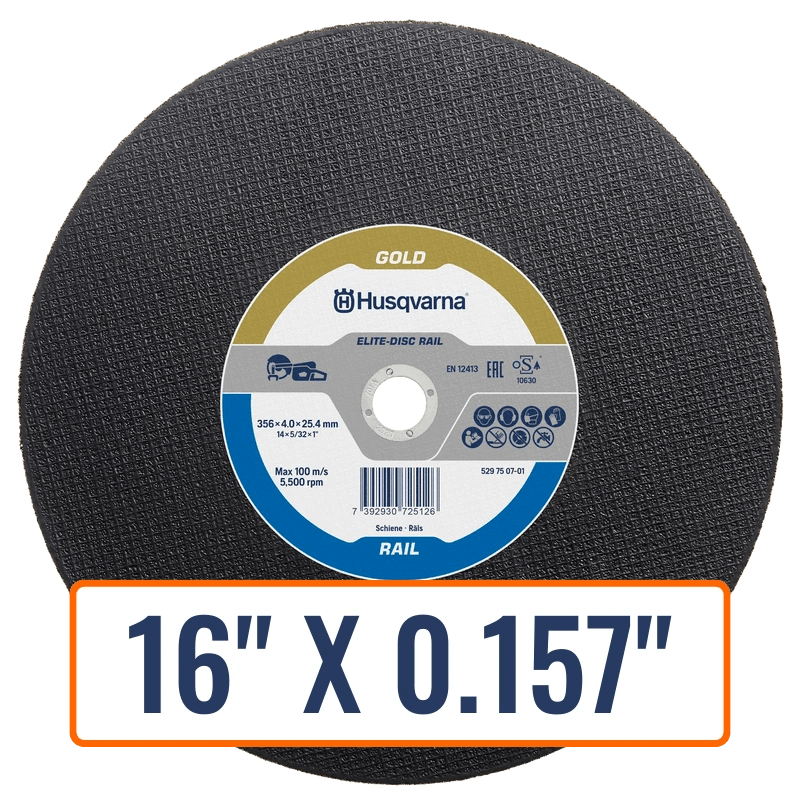 Diamond grinding wheels for steel, showing the ELITE-DISC by Husqvarna, designed for powerful and precise rail cutting.