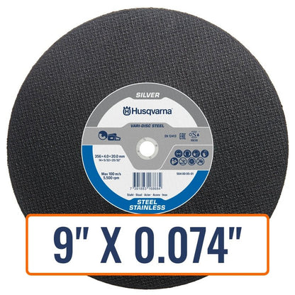 Diamond grinding wheels for steel, showcasing the Husqvarna Vari-Disc Steel Diamond Saw Blade in two sizes.