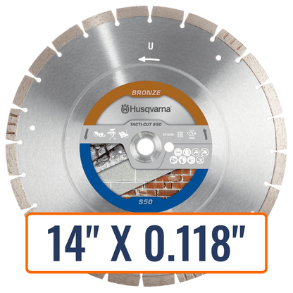 Diamond masonry blade, Tacti-Cut S50, designed for cutting concrete and bricks, compatible with various machines.