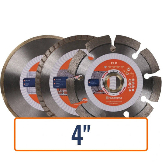 Diamond masonry blade, 4-inch Husqvarna FLX, designed for cutting hard materials like brick, perfect for construction projects.
