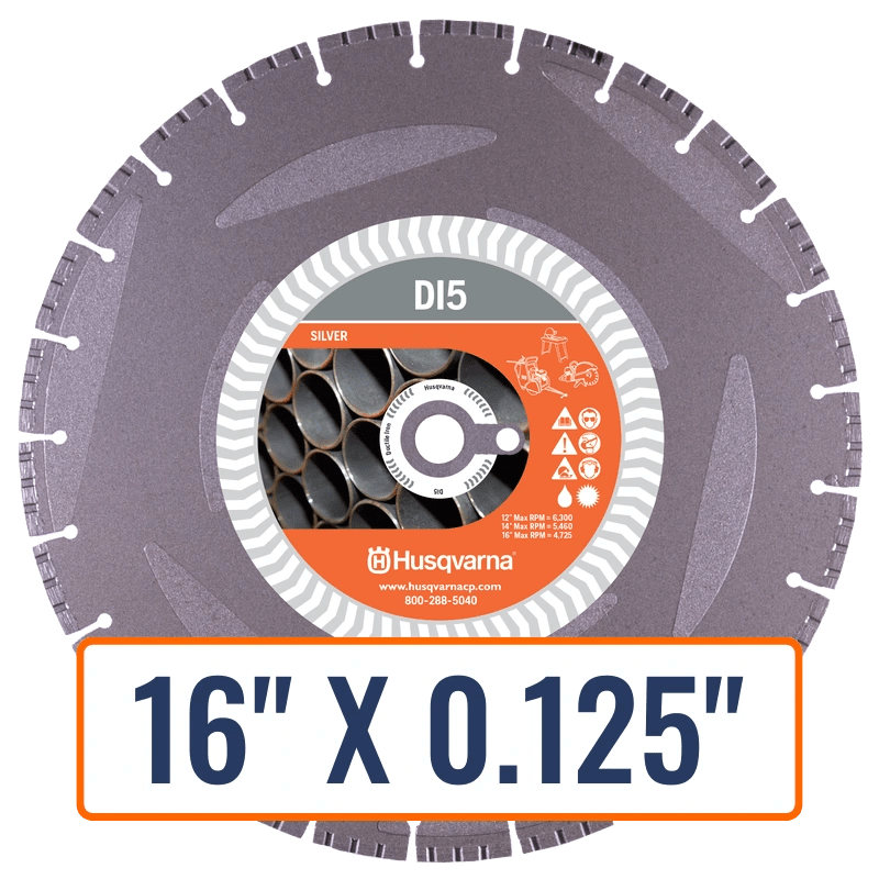 Ductile iron blade, Husqvarna D15 diamond saw, in various sizes, ideal for utility and underground worksite applications.