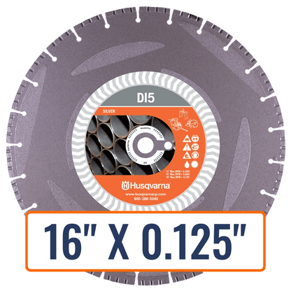 Ductile iron blade, Husqvarna D15 diamond saw, in various sizes, ideal for utility and underground worksite applications.