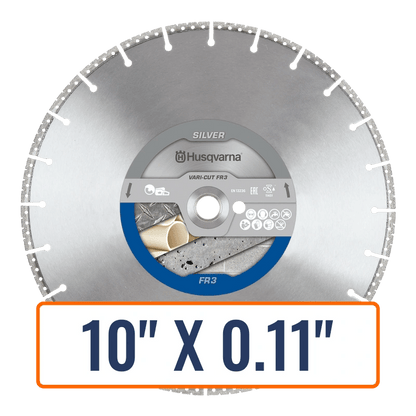 Ductile iron blade, the Husqvarna Vari-Cut™️ FR3 diamond saw, cutting through a variety of materials in a construction setting.