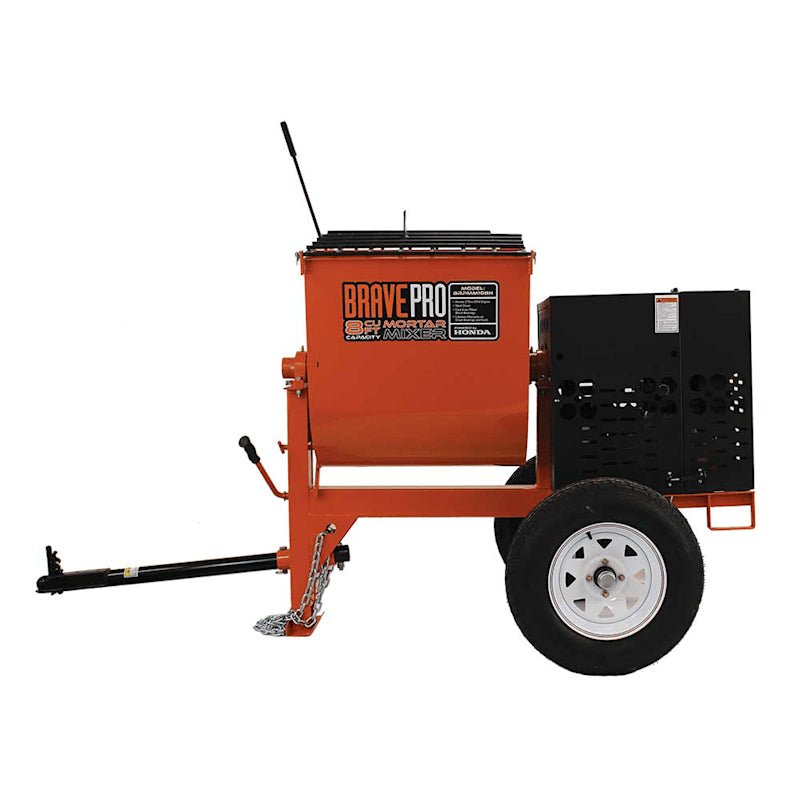 Brave Mortar Mixer with 8-cubic foot drum, Honda GX240 engine, safety features, and durable design.