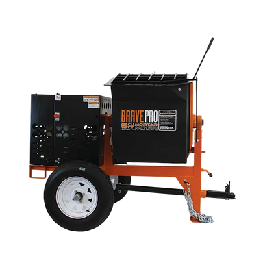 Gas-powered cement mixer with 8 cubic foot poly drum, Honda engine, safety features, and easy-pour handle for efficient mixin
