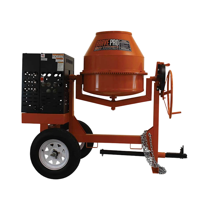 Gas-powered concrete mixer by Brave, 9 cubic feet capacity with Honda GX270 engine, durable steel drum for professional use.