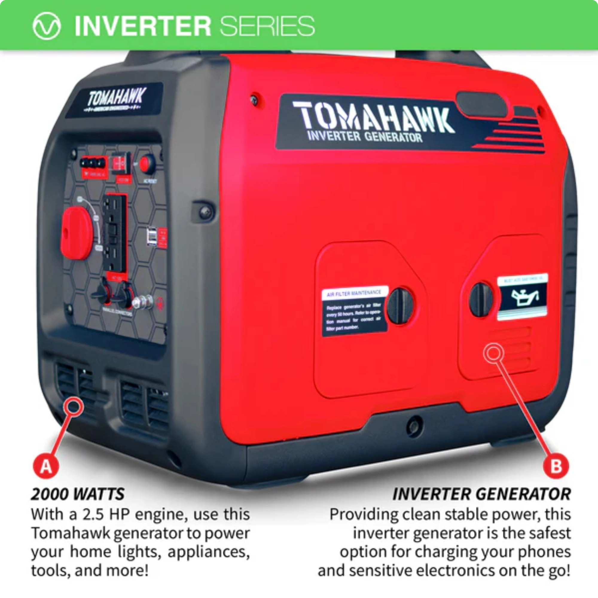 2,000 Watt Generator - Inverter - ꜛ8 hrs (1/2 load) - 61 dBA