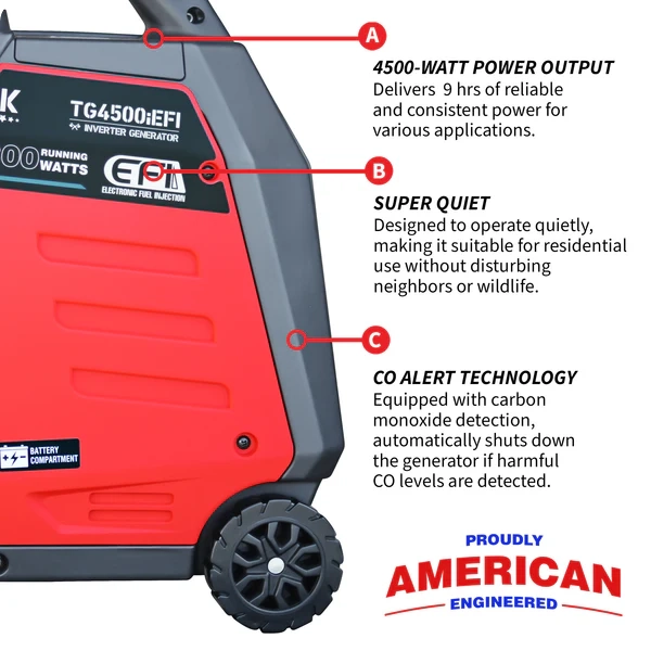 4,500 Watt Generator - Inverter - ꜛ9 hrs (1/4 load) - 62 dBA