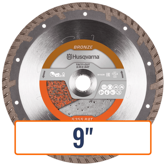 Husqvarna battery saw blade showcasing a 9-inch TACTI-CUT diamond blade, ideal for cutting through block, brick, and medium-hard cured concrete.