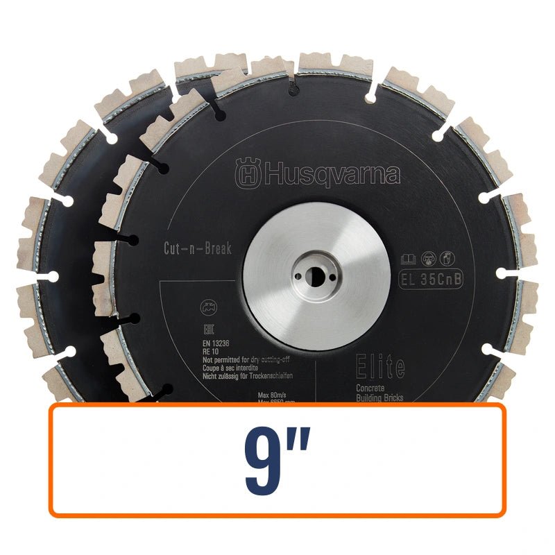 Husqvarna cut and break saw blades, specifically the 9in Diamond EL35CnB, designed for cutting tough materials like concrete and granite.