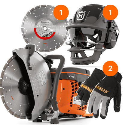 Husqvarna K770 Power Cutter 14" Bundle w/ Vari-Cut S45 Blade, Smartguard PE10H Helmet & 2 Pairs Ironclad Gloves - Save $300!