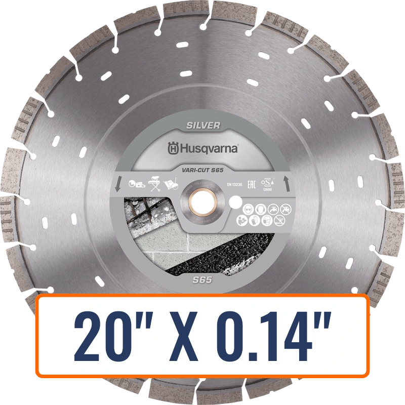Husqvarna saw blade, a 20-inch VARI-CUT Diamond blade designed for efficient cutting in abrasive concrete conditions.