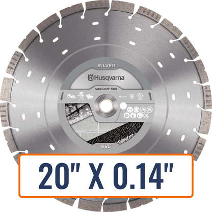 Husqvarna saw blade, a 20-inch VARI-CUT Diamond blade designed for efficient cutting in abrasive concrete conditions.
