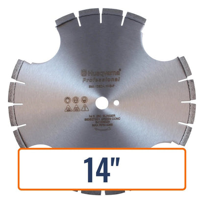 Husqvarna Slinger Blade showcases its 14-inch diameter and 1-inch arbor size, perfect for versatile worksite applications.