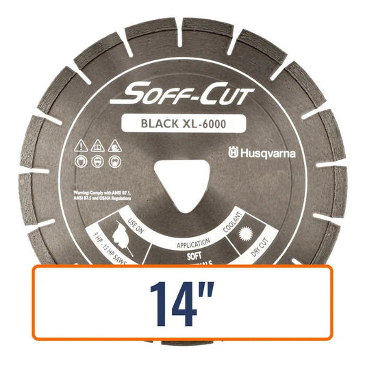 Husqvarna Soff-Cut blades, 14-inch Excel 6000 Series Black diamond blade, ideal for cutting soft aggregate and abrasive sand.