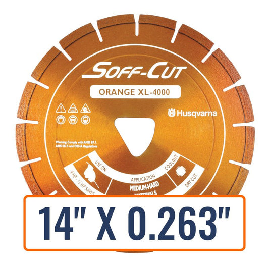 Husqvarna Soff-Cut blades from the Excel 4000 Series, designed for cutting through medium aggregate and abrasive sand.