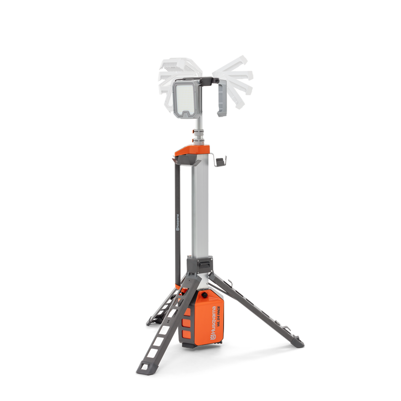 Side view of a Husqvarna construction site lamp with adjustable head and tripod stand.