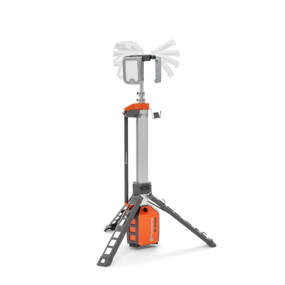 Side view of a Husqvarna construction site lamp with adjustable head and tripod stand.